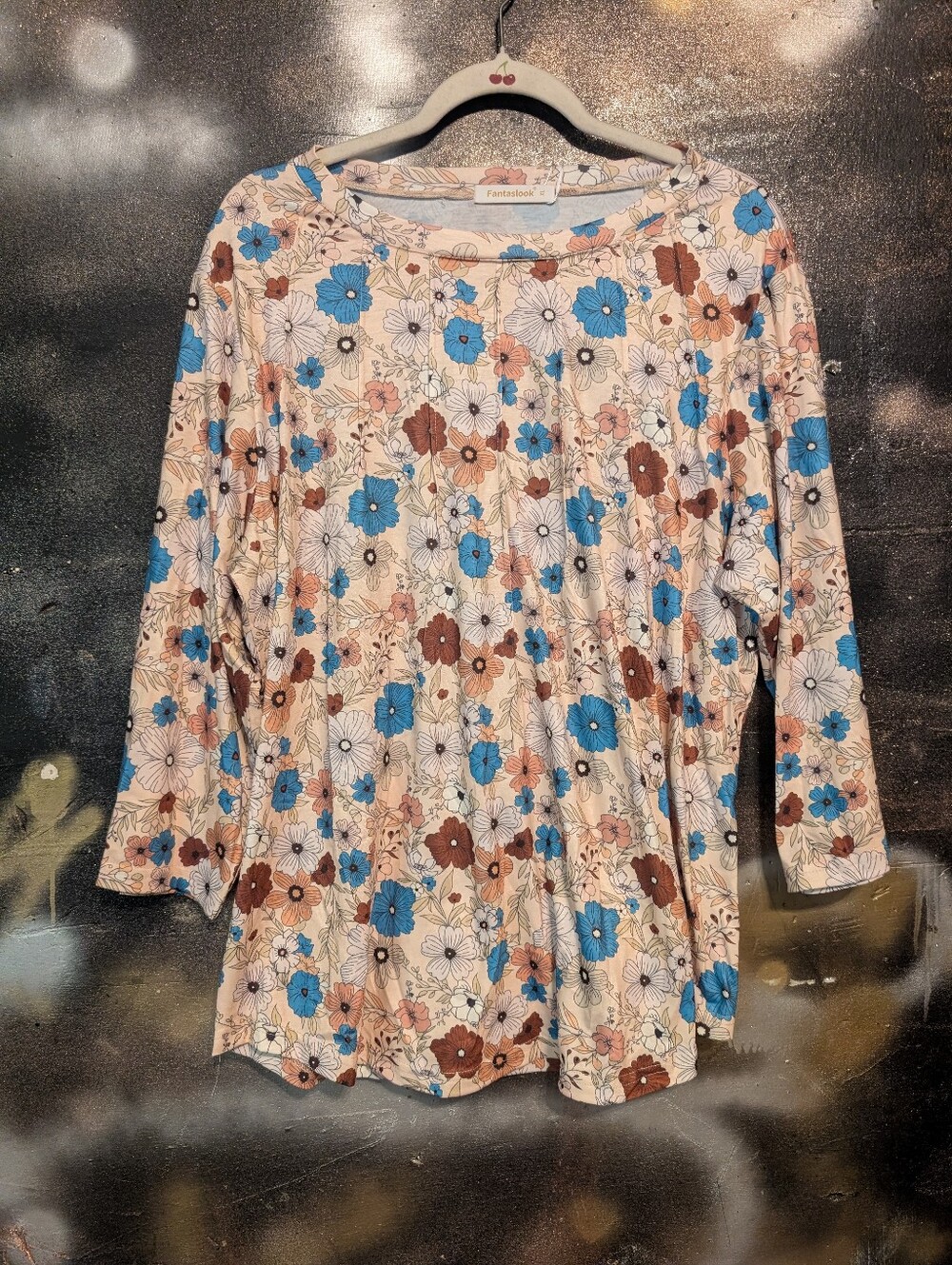 Fantastical Floral Long-Sleeve Scoop Neck Top — Cream with Blue & Brown Florals